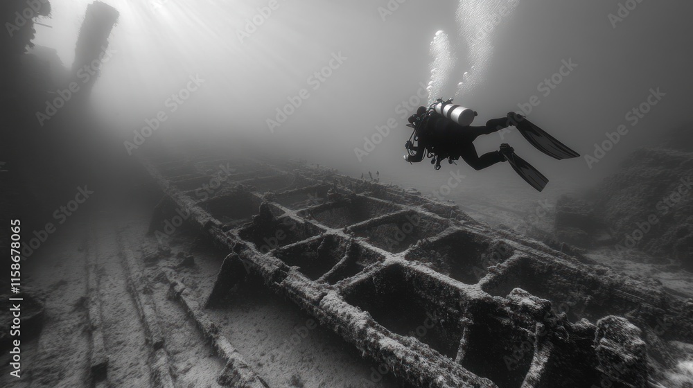 Fototapeta premium A scuba diver explores a sunlit, underwater shipwreck.