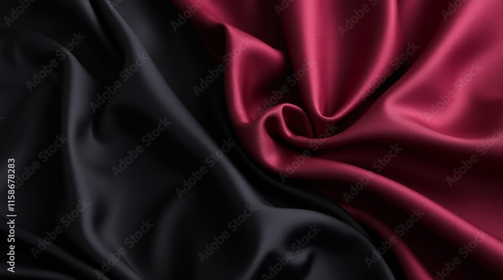 Obraz premium A luxurious background featuring a blend of black, dark gray, purple, and burgundy red silk satin fabric, showcasing elegant drapery with folds and creases that shimmer and shine, perfect for festive 
