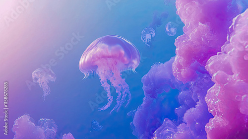 Colorful jellyfish gracefully float among vibrant pink and blue hues in deep ocean waters during daylight. Generative AI photo