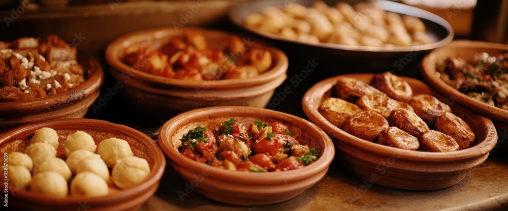 Rustic earthenware bowls filled with various savory dishes, including roasted vegetables, dumplings, and Yorkshire puddings, displayed on a wooden surface. Rustic earthenware bowls filled with various savory dishes, including roasted vegetables, dumplings, and Yorkshire puddings, displayed on a wooden surface.