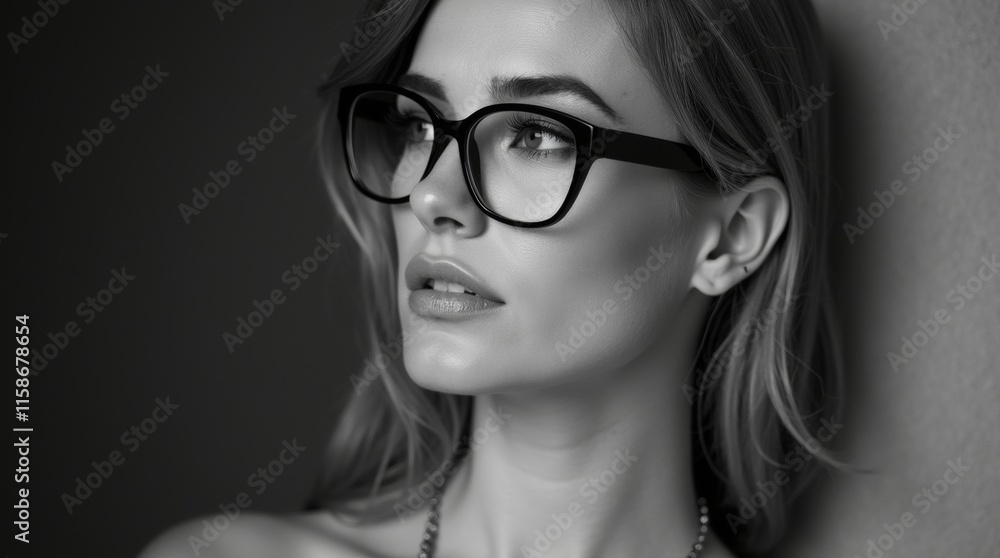 Close-up black and white portrait featuring a woman wearing glasses, showcasing classic style and elegant expression. Close-up black and white portrait featuring a woman wearing glasses, showcasing classic style and elegant expression.