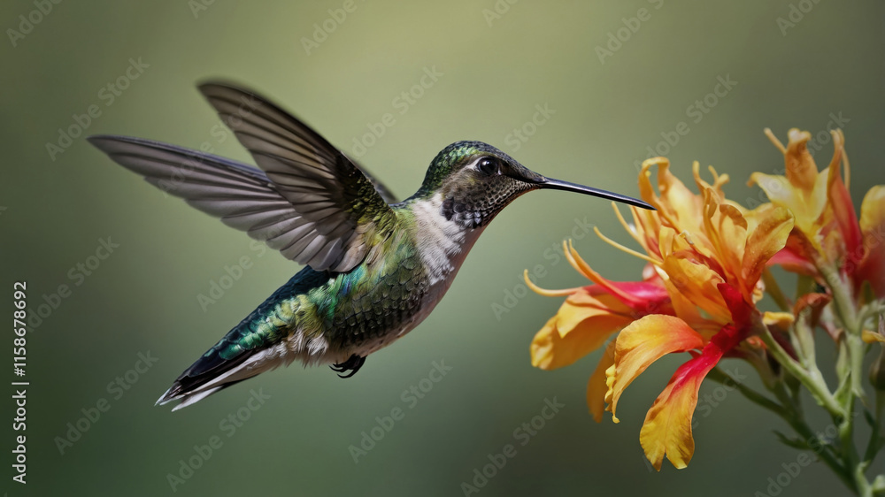 Fototapeta premium A hummingbird hovering near a vibrant yellow flower, its iridescent feathers glimmering. The soft-focus green-yellow background highlights the bird’s elegance, with the flower adding a pop of color.