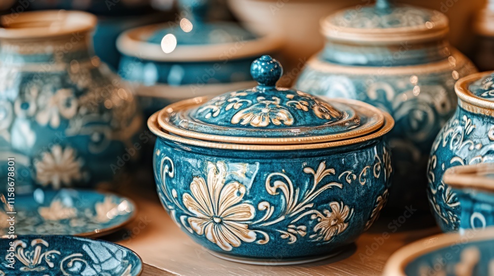 Teal ceramic pot with floral design and lid, surrounded by other pottery. Teal ceramic pot with floral design and lid, surrounded by other pottery.