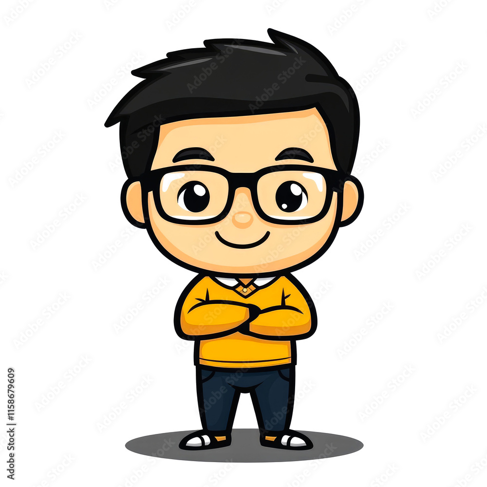 Happy cartoon boy with glasses, arms crossed. Happy cartoon boy with glasses, arms crossed.