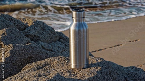 Eco-Friendly Hydration: Stainless Steel Bottle by the Sea