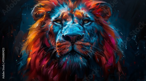 A colorful lion with a blue face photo