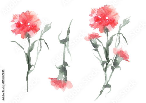 Watercolor wedding flowers. Set red bush carnation bouquet with green branches, unopened bud and green foliage and individual flowers. Hand drawn illustration for your design