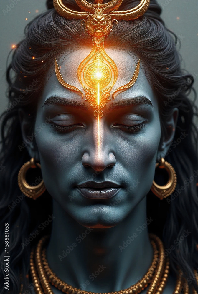 Third Eye Radiance: A close-up of Shiva's face with his third eye open, emitting a powerful beam of energy. Third Eye Radiance: A close-up of Shiva's face with his third eye open, emitting a powerful beam of energy.