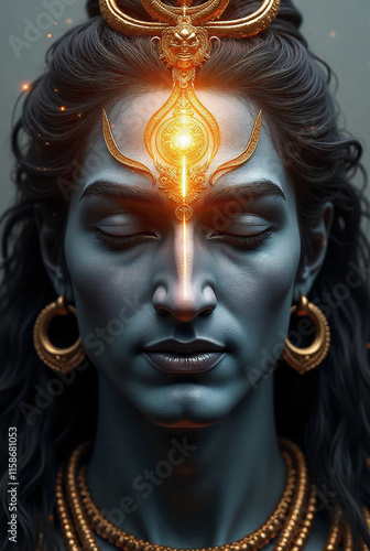  Third Eye Radiance: A close-up of Shiva's face with his third eye open, emitting a powerful beam of energy.