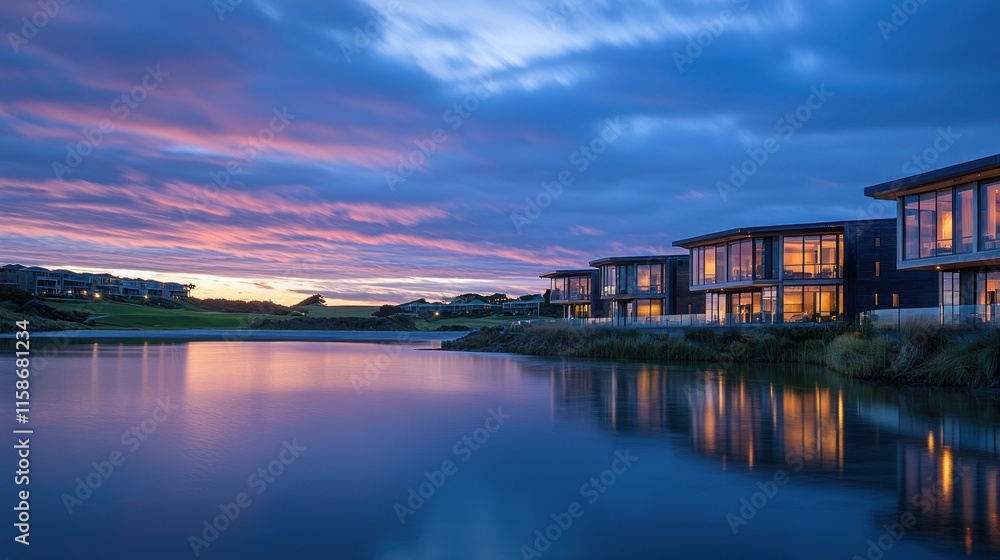 Fototapeta premium Modern waterfront homes at sunset reflecting in calm water.