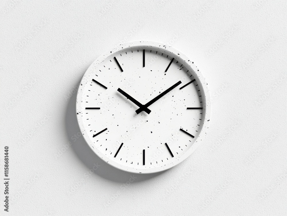 A minimalist wall clock with a white face and black hour markers and hands, isolated on a white background. The clock displays a clean, modern design. A minimalist wall clock with a white face and black hour markers and hands, isolated on a white background. The clock displays a clean, modern design.
