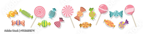 Set of candy and lollipop. Candy collection. Chewing candy. Valentine gift. Christmas candy.