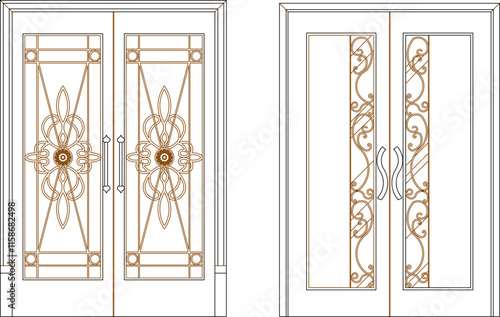 vector sketch illustration of the silhouette of a modern ethnic vintage classic traditional teak wood door furniture design.eps
