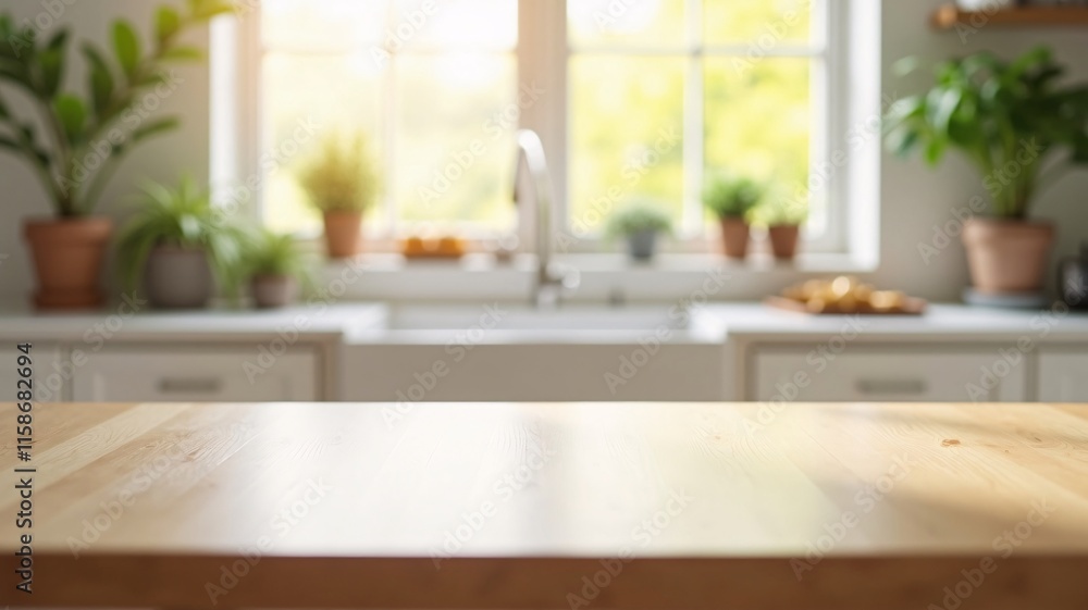 A sleek light wood kitchen table with a smooth surface in sharp focus, set against a blurred minimalist kitchen backdrop with cabinets, countertops, greenery and soft sunlight streaming in. A sleek light wood kitchen table with a smooth surface in sharp focus, set against a blurred minimalist kitchen backdrop with cabinets, countertops, greenery and soft sunlight streaming in.