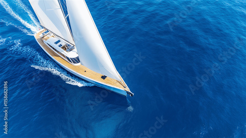 A sleek white yacht cutting through bright blue water with a clear horizon. Represents luxury, freedom, and travel, perfect for maritime and holiday themes. photo