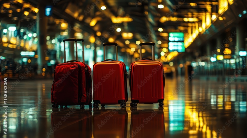 Naklejka premium Three red suitcases stand in an airport terminal at night.