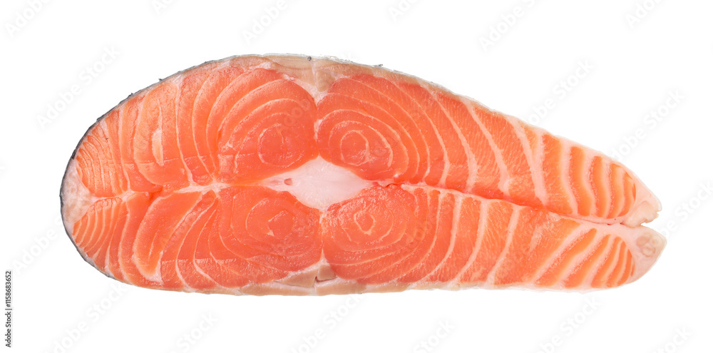 Steak of fresh raw salmon isolated on white, top view Steak of fresh raw salmon isolated on white, top view