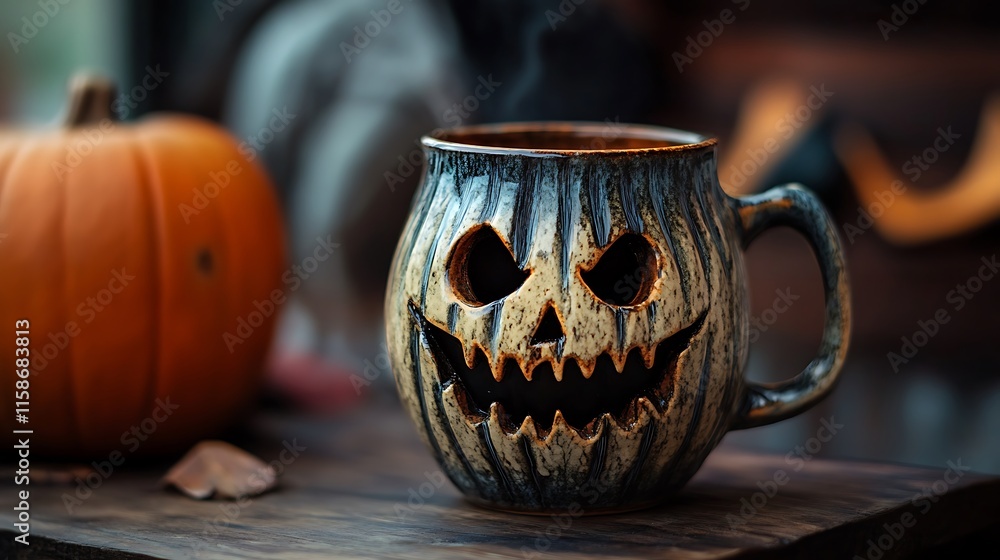 Halloween jack-o'-lantern mug with steaming drink beside a pumpkin. Halloween jack-o'-lantern mug with steaming drink beside a pumpkin.