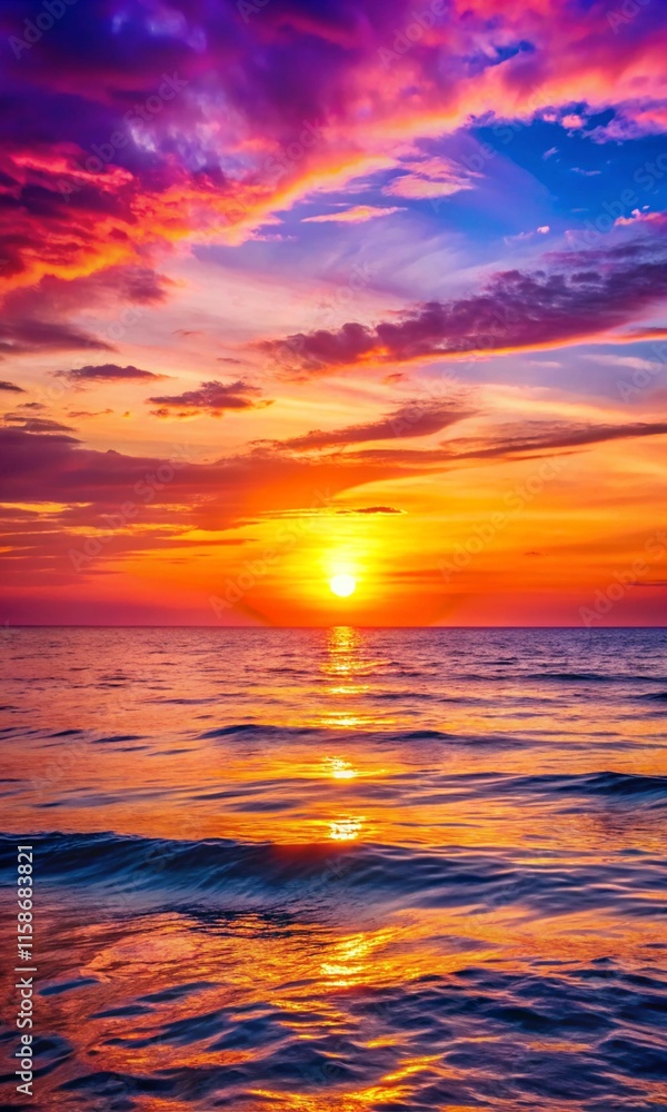 Fototapeta premium Peaceful seaside sunset with soft waves and stunning skies painted in vibrant shades, ideal for mobile wallpaper background
