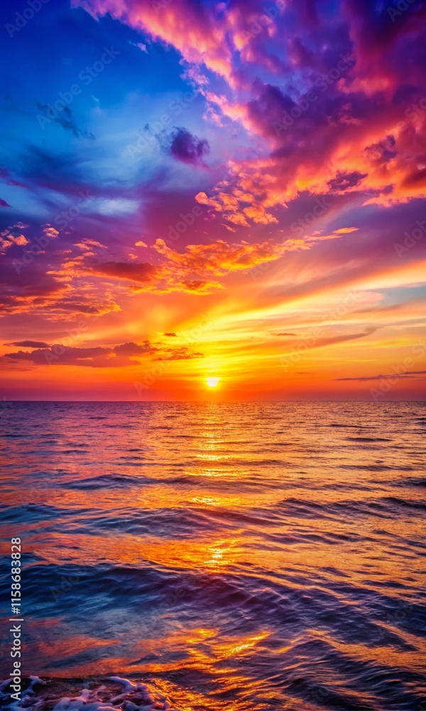 Majestic sunset over the ocean with radiant colors blending in the sky, offering a tranquil and picturesque seascape Majestic sunset over the ocean with radiant colors blending in the sky, offering a tranquil and picturesque seascape