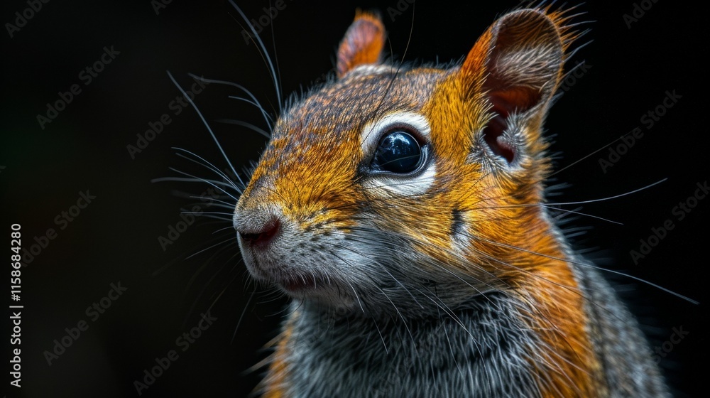 Obraz premium A small brown and gray squirrel with a black nose and brown eyes