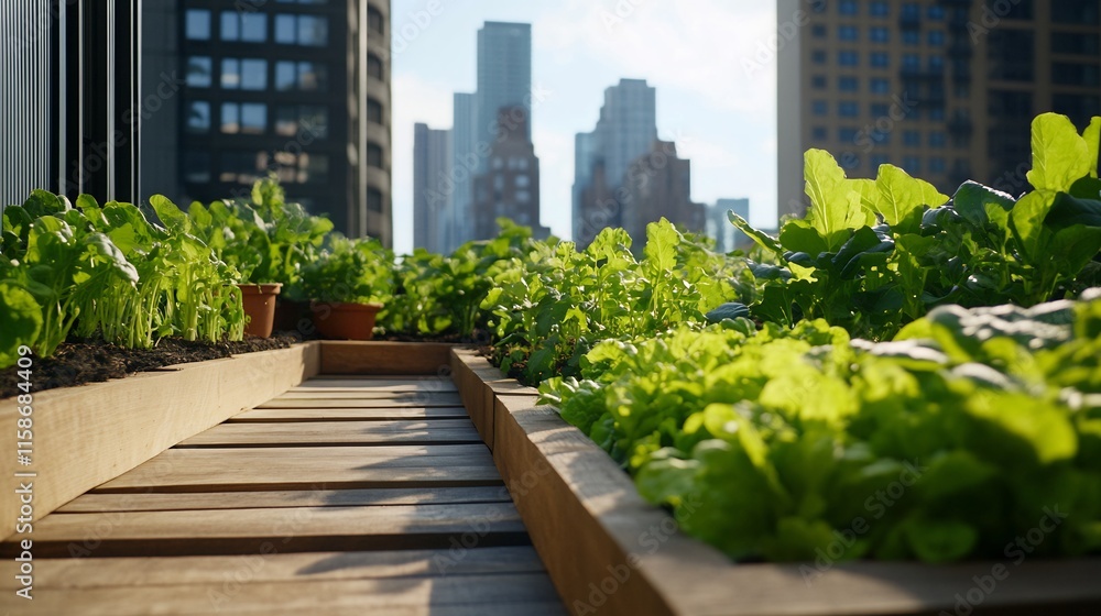 Fototapeta premium Vibrant Rooftop Garden Thriving Amidst Cityscape: Close-Up Photo. AI Generated
