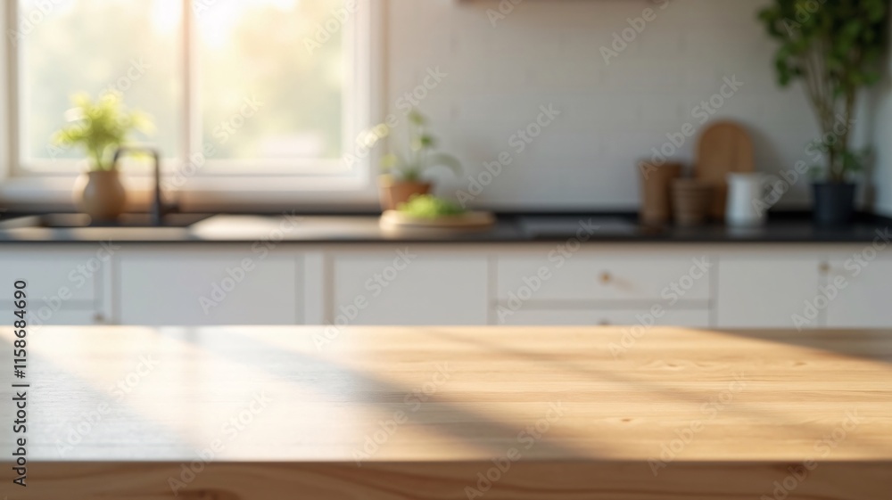 A sleek light wood kitchen table with a smooth surface in sharp focus, set against a blurred minimalist kitchen backdrop with cabinets, countertops, greenery and soft sunlight streaming in. A sleek light wood kitchen table with a smooth surface in sharp focus, set against a blurred minimalist kitchen backdrop with cabinets, countertops, greenery and soft sunlight streaming in.