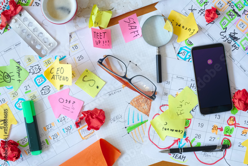 Calendars with business appointments and adhesive notes on cluttered desk. Business concept,beat the clock,overwoked,bureaucracy