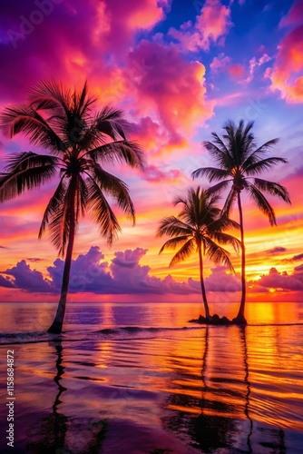 Tropical paradise at sunset featuring lush palm trees, serene ocean waves, and colorful skies in shades of pink, orange, and purple