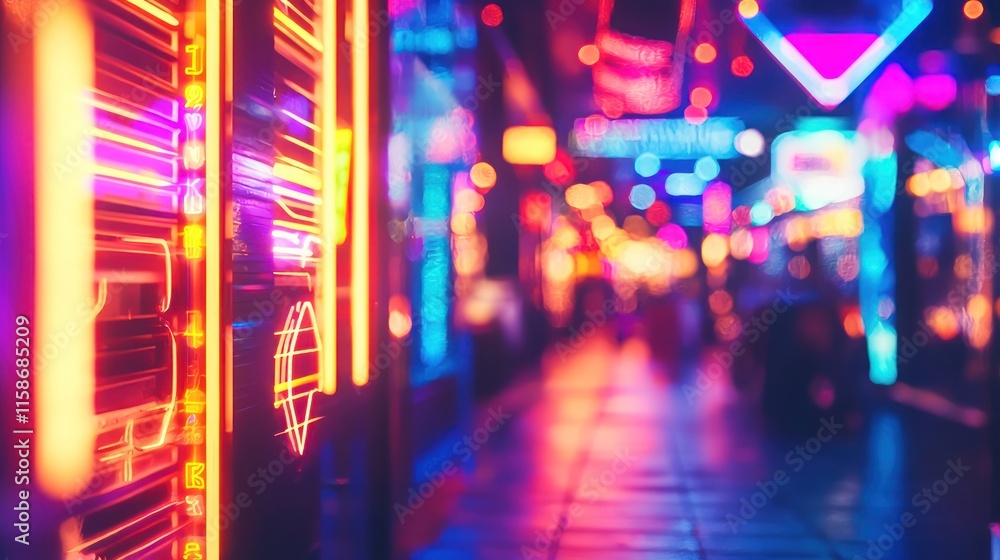 Vibrant neon lights illuminate a bustling night street. Vibrant neon lights illuminate a bustling night street.