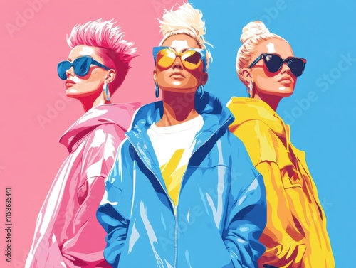 A vibrant pop art illustration features three fashionable individuals in bold clothing and sunglasses against a bright pink and blue background.