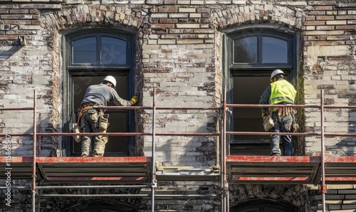 Two construction workers on scaffolding replace windows in an old brick building.
