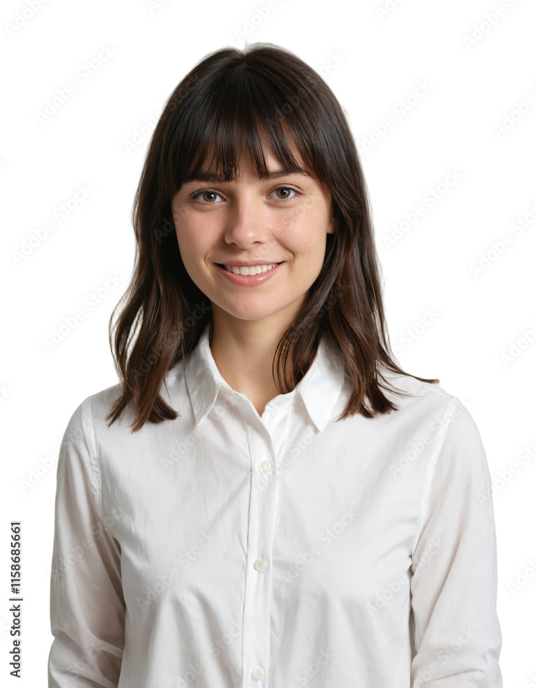a beautiful girl standing straight confidently with bangs. wearing a white shirt . PNG transparent background. ai generator 