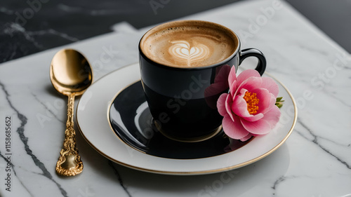 Flat lay of a black coffee cup on a white saucer, a gold spoon, a white napkin with a pink trim, and a small pink flower, all arranged on a white marble surface with natural light highlighting the sce photo