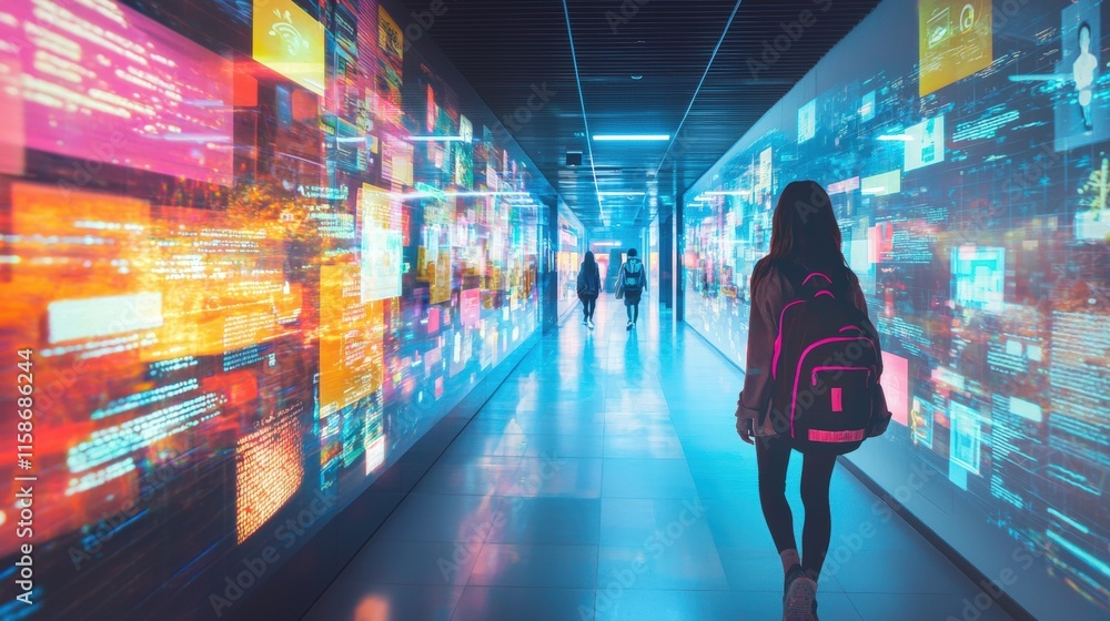 Futuristic corridor with digital screens and young traveler walking Futuristic corridor with digital screens and young traveler walking