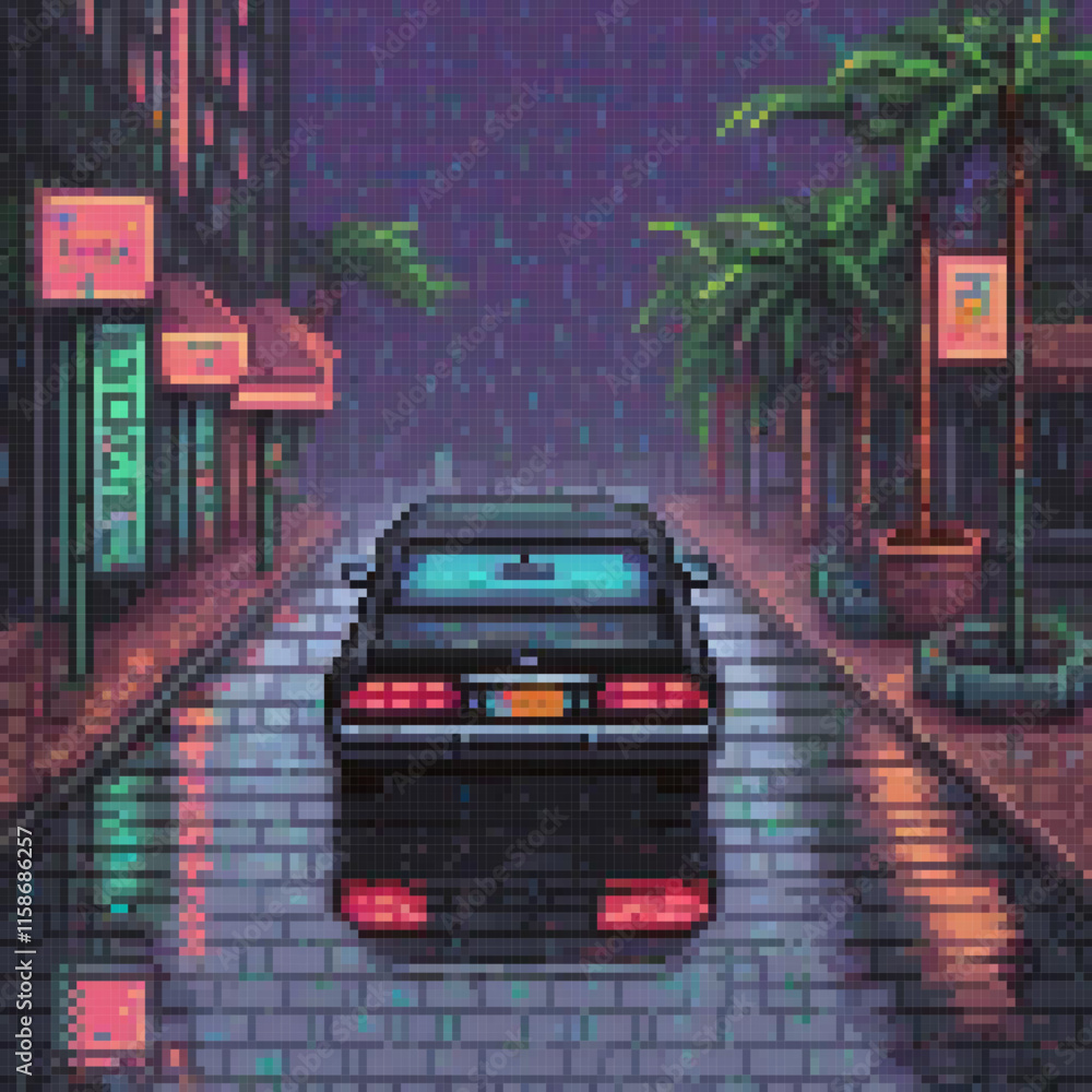 Pixel art image depicts car driving down rainsoaked street neon signs palm trees background