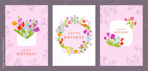 Happy Birthday greeting card set. Floral cute design, flyers, invitations, party. Vector hand drawn illustration.