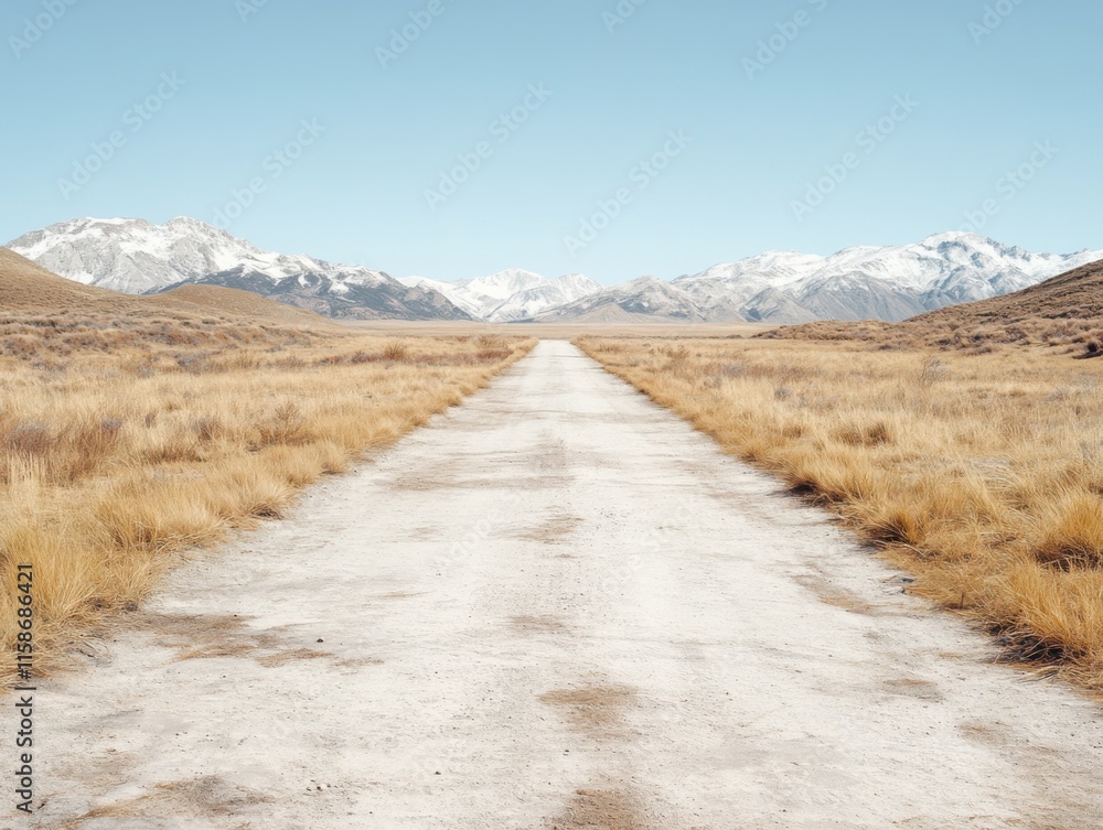 A vast landscape features a straight dirt road leading towards a distant mountain range under a clear blue sky, conveying a sense of open space and tranquility. A vast landscape features a straight dirt road leading towards a distant mountain range under a clear blue sky, conveying a sense of open space and tranquility.