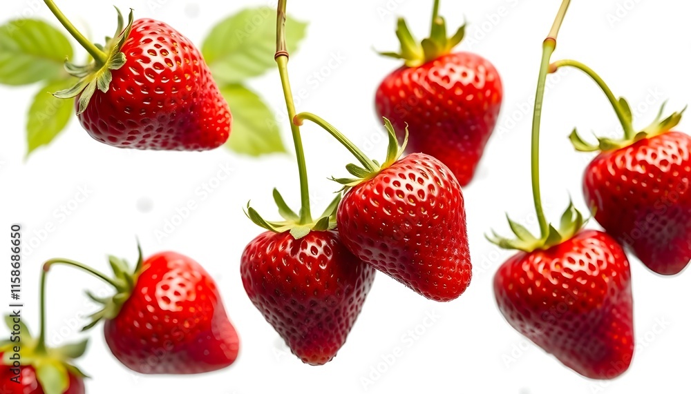 Flying juicy ripe strawberries with leaves Flying juicy ripe strawberries with leaves