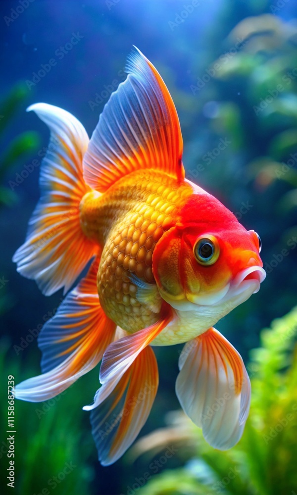 Vibrant oranda goldfish gracefully swimming in a lush aquarium, Mobile Wallpaper Background Vibrant oranda goldfish gracefully swimming in a lush aquarium, Mobile Wallpaper Background