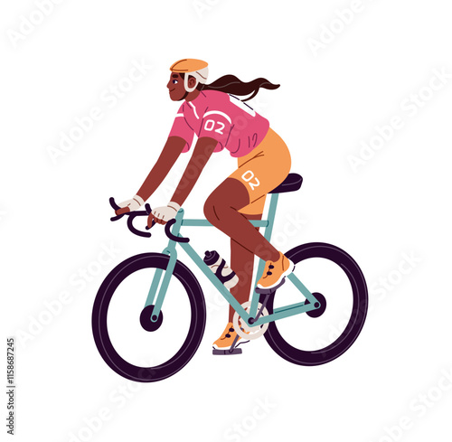 Professional cyclist rides on bike. Black bicyclist cycling on track. Sportswoman is in bicycle race. Athlete of Tour de France rushing to win. Flat isolated vector illustration on white background