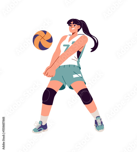 Sportswoman plays sports game. Professional volleyball player hits, bounces ball with hands. Happy girl in uniform training before competitions. Flat isolated vector illustration on white background