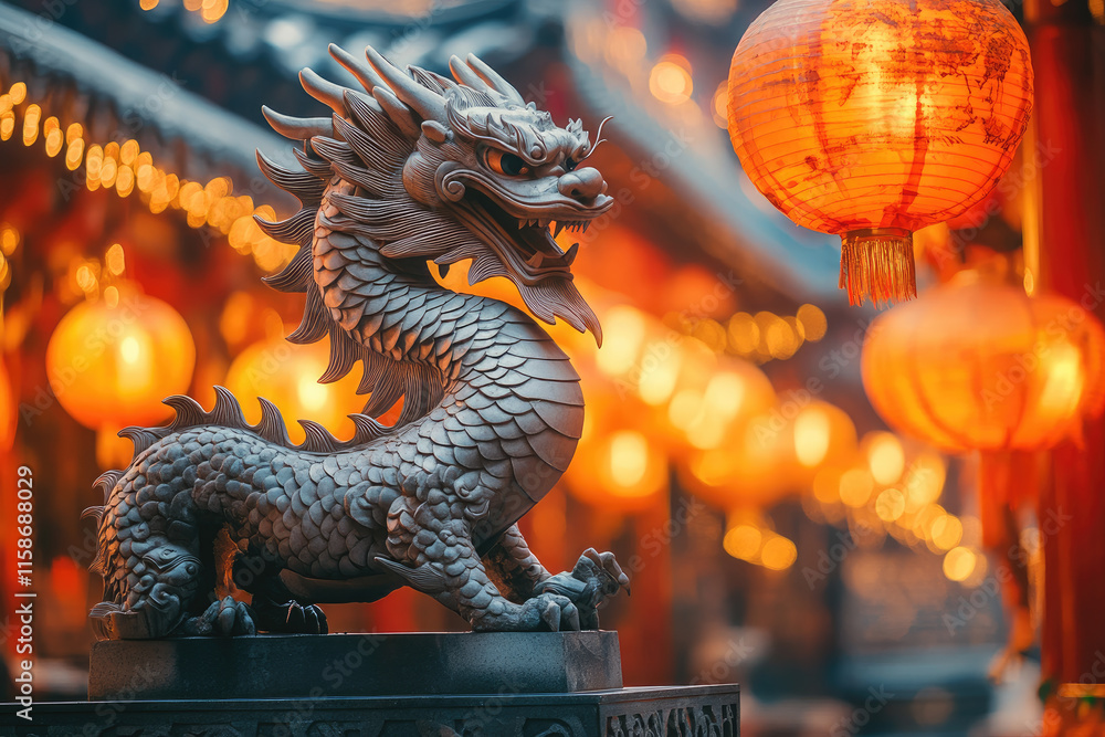 Fototapeta premium Statue of a dragon with glowing Chinese lanterns celebrating the Chinese New Year 2025, year of the Dragon, featuring golden lights and traditional festive decorations.