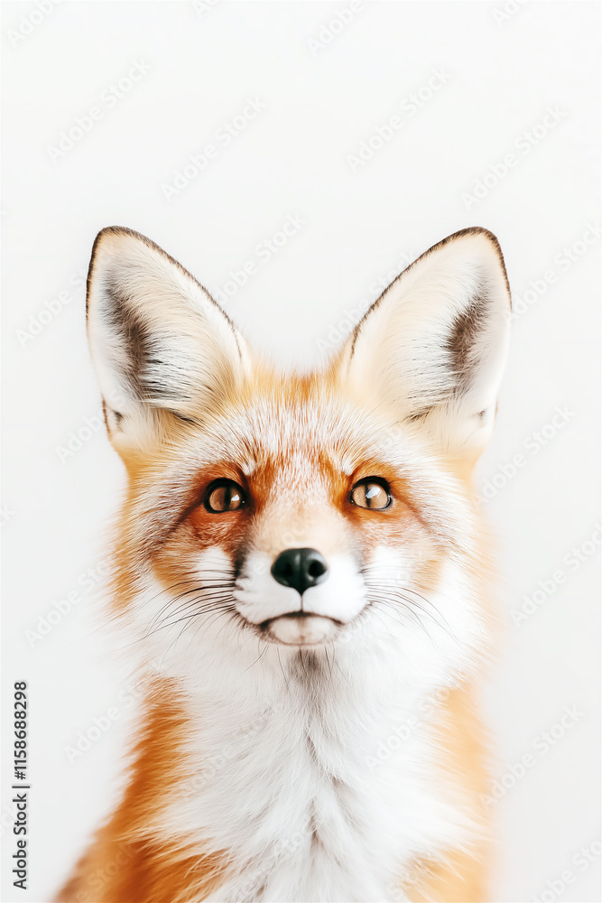 Obraz premium Close-up portrait of a red fox with bright, expressive eyes and soft fur, set against a simple background. Ideal for wildlife, nature, or animal concepts.