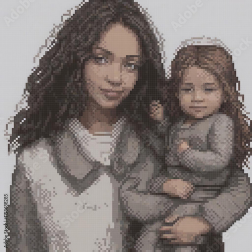 Woman child are depicted pixel art woman wearing white shirt child gray outfit