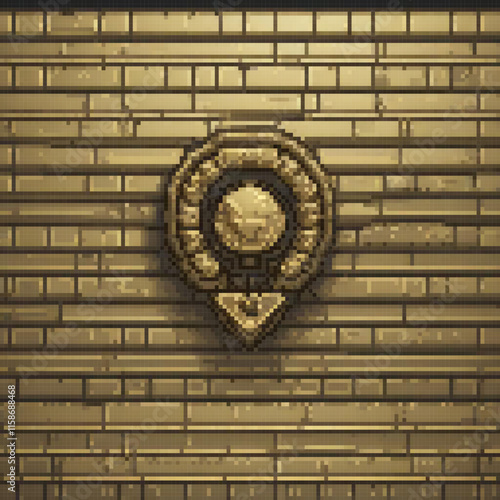 Pixel art image golden emblem brick wall unique design sense depth
