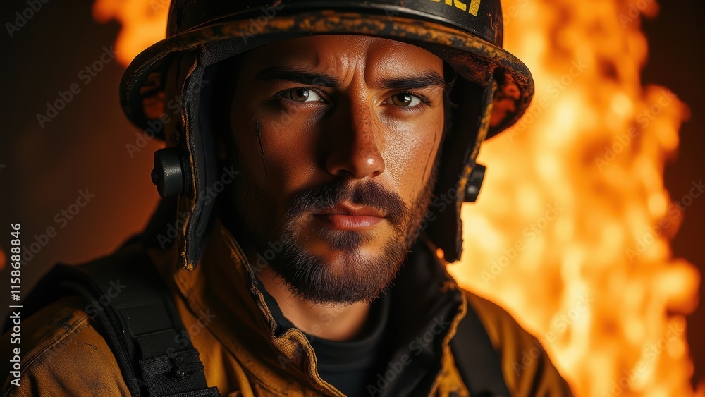 Brave male firefighter against flames backdrop Brave male firefighter against flames backdrop