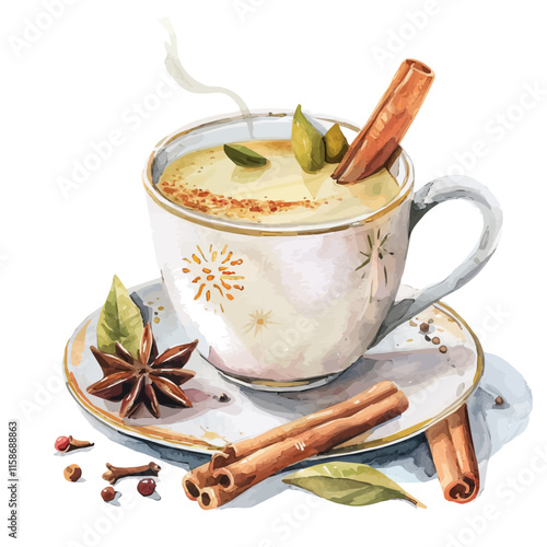 A watercolor vector painting of Indian masala chai tea with spices and milk, isolated on a white background. Indian tea vector.

