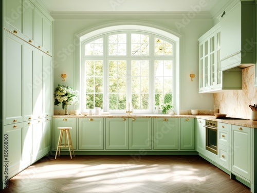 Wallpaper Mural A modern kitchen with a wooden floor and mint green cabinetry, featuring marble countertops and a large window that invites natural light. Torontodigital.ca