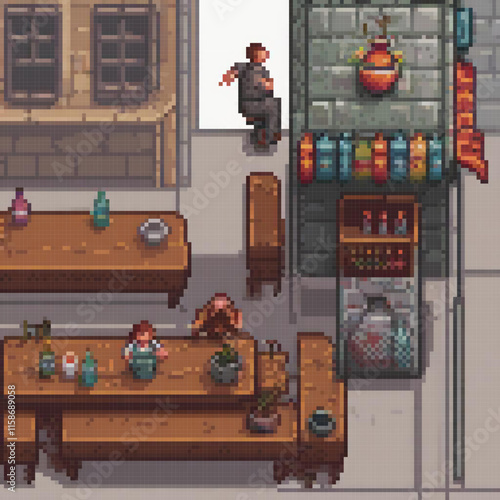 Pixel art scene depicts man standing front fireplace variety bottles potted plants around him